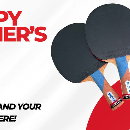Promotional graphic for Table Tennis Store Father's Day offer with ping pong paddles and text.