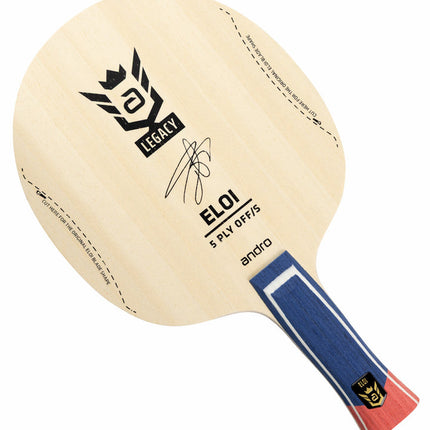 Andro Eloi Legacy OFF/S shakehand blades for table tennis, showing the sleek wooden surface and blade profile.