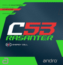 Inverted Andro Rasanter C53 table tennis rubber, black side with textured surface for enhanced grip and spin.