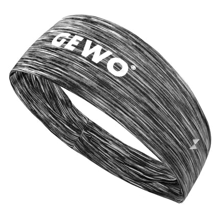 Grey GEWO headband with soft fabric and stretch fit, designed for sports and active wear.