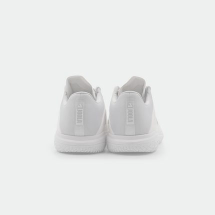 JOOLA SM4Sh table tennis shoe in white and grey with supportive design and non-slip sole, designed for quick movements on the court.