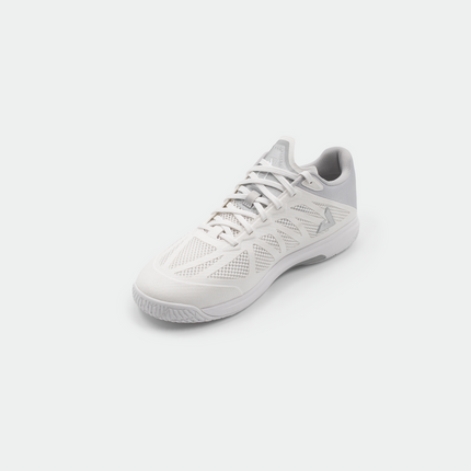 JOOLA SM4Sh table tennis shoe in white and grey, front view showing athletic design and supportive outsole for indoor sports
