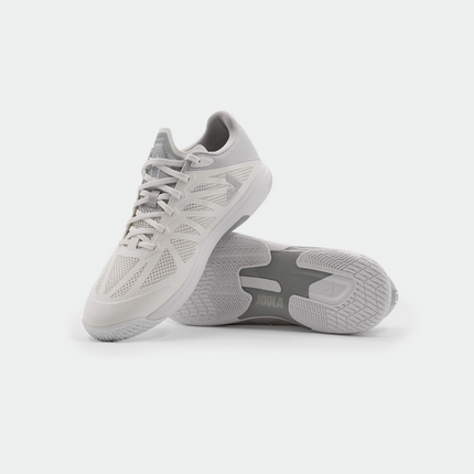 JOOLA SM4Sh lightweight table tennis shoe in white and grey with breathable mesh and non-slip sole for quick movements.