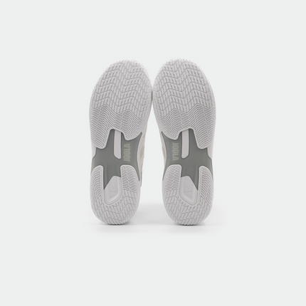 JOOLA SM4Sh table tennis shoes in white and grey with rubber outsole, designed for optimal grip and agility on the court.