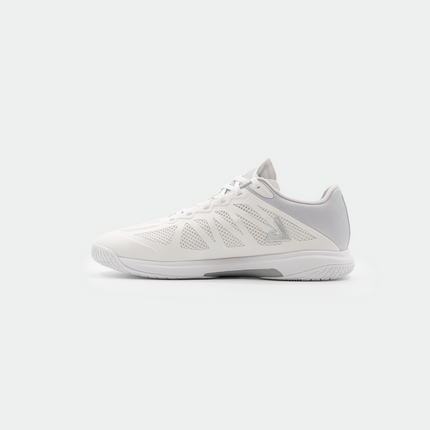 JOOLA SM4Sh table tennis shoe in white and grey, side view showing athletic design and supportive sole for quick movements.