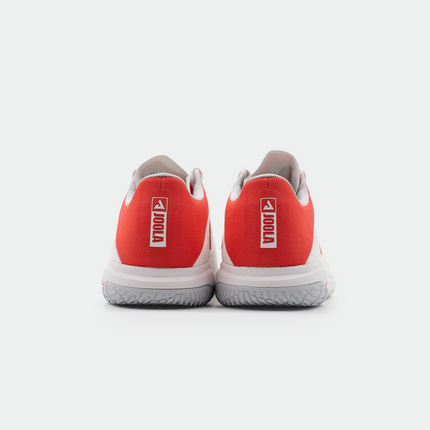 JOOLA SM4Sh table tennis shoes in white and red, featuring breathable material and non-slip soles for optimal traction.