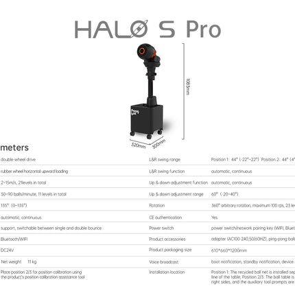 Pongbot Halo S Pro - Technical Parameters