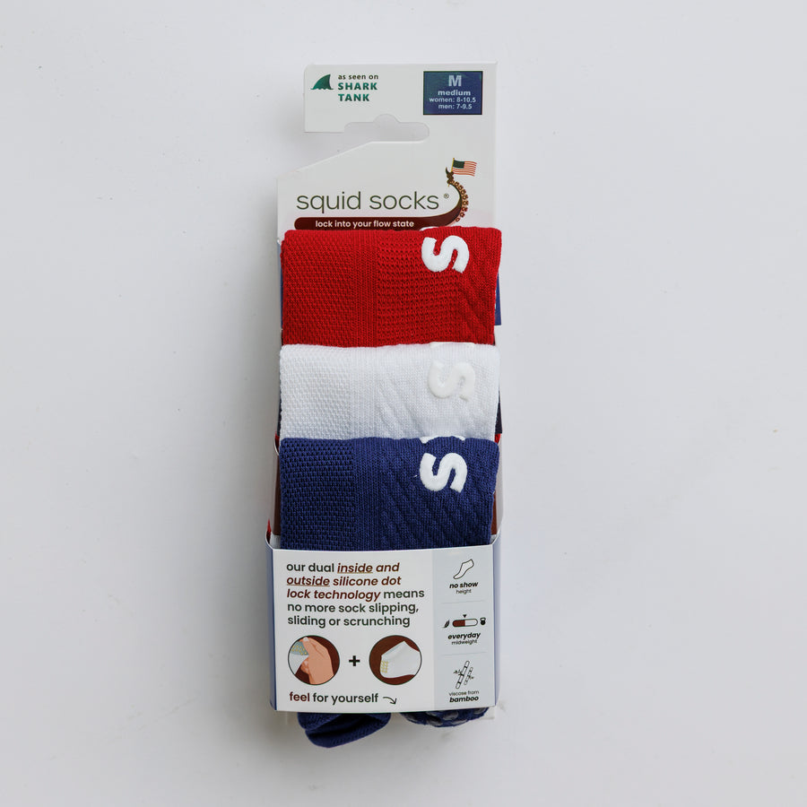 Squid Socks All-American Pack - Adult Ankle Heigh Socks  - Blue, White, Red