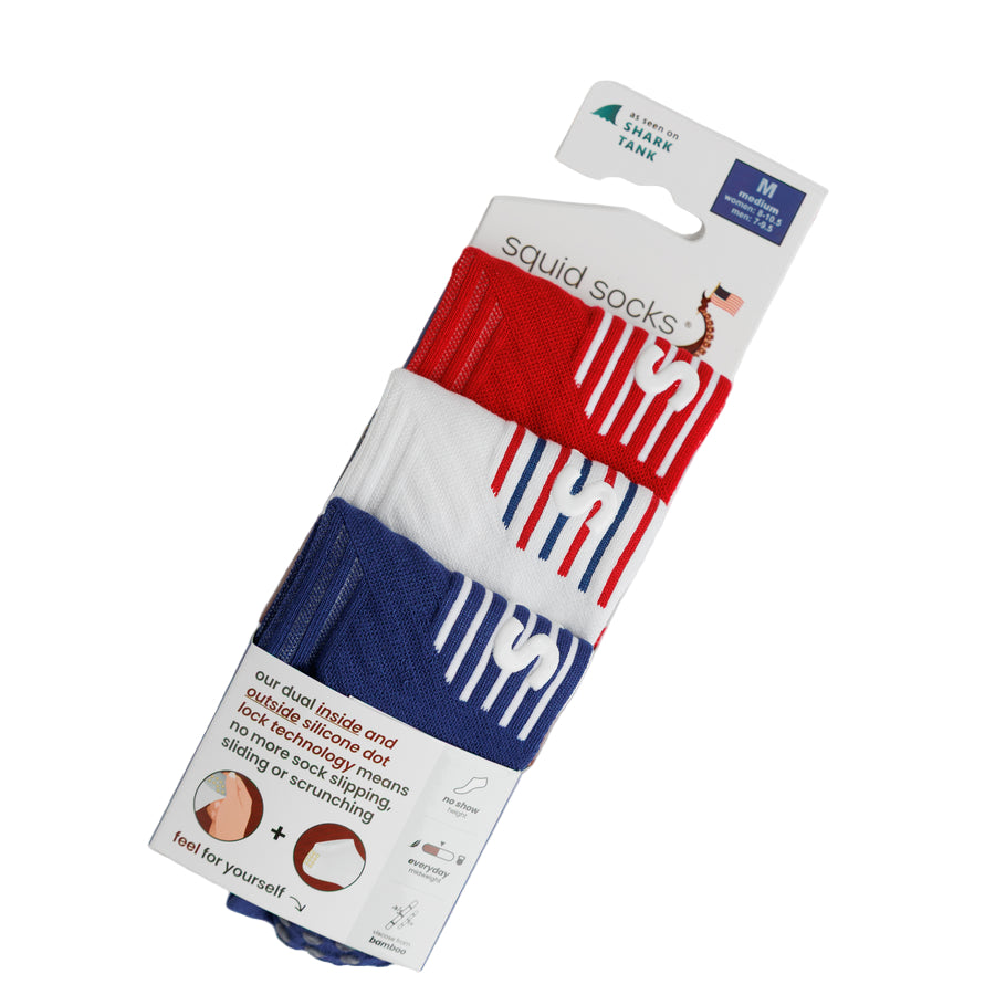Squid Socks All-American Pack - Low Cut No Show Socks - 3 Pairs