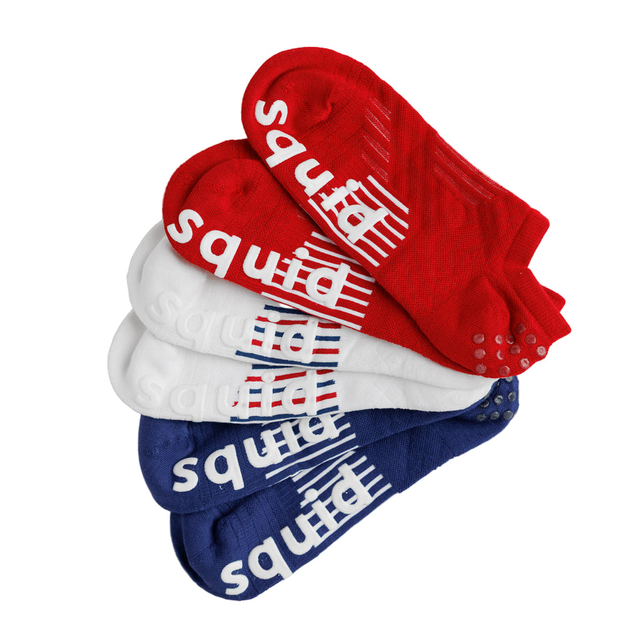 Squid Socks All-American Pack - Low Cut No Show Socks - In Blue, White, Red