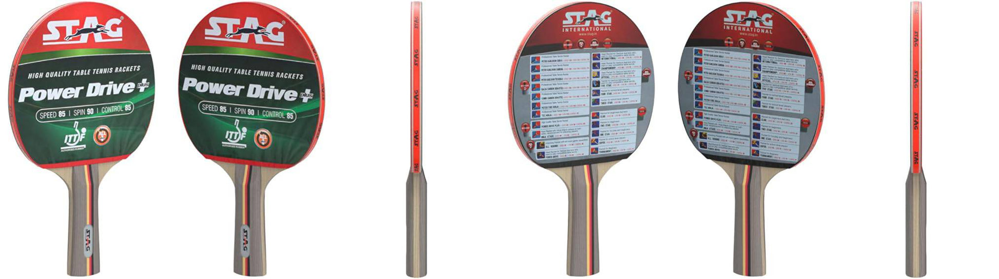 Stag Power Drive Plus - Preassembled Table Tennis Racket - Front, Edge and Back View