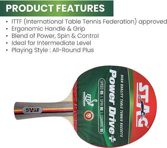 Stag Power Drive Plus - Preassembled Table Tennis Racket - Product Features