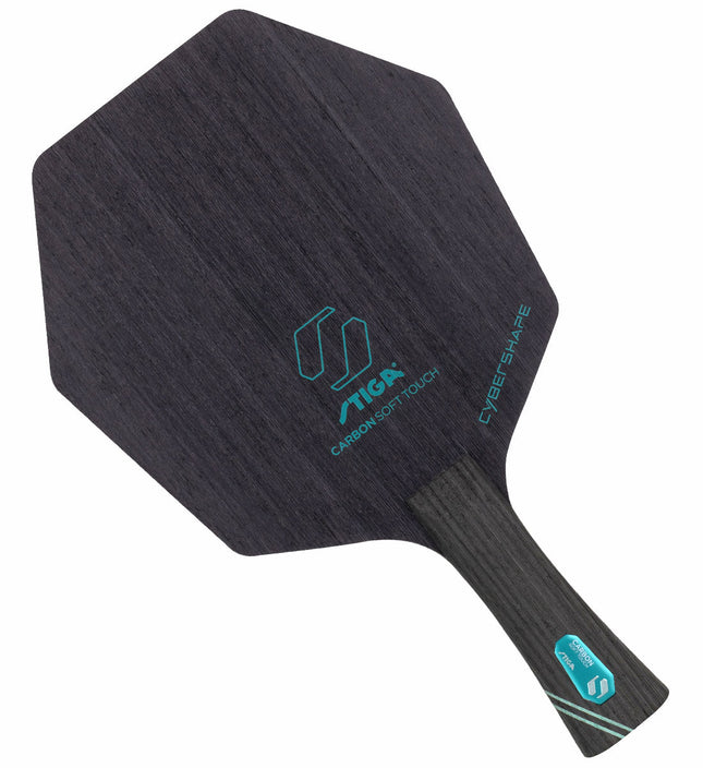 Stiga Carbon Soft Touch Cybershape shakehand table tennis blade with flared handle, designed for control and speed.
