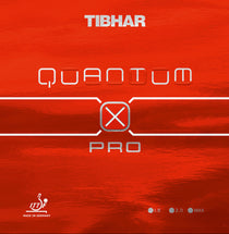 Tibhar Quantum X Pro inverted table tennis racket showing black rubber surface with red handle and logo branding.
