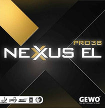 GEWO Nexxus EL Pro 38 inverted table tennis racket with black and red rubber, showcasing its professional design and grip.