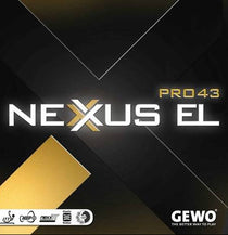 GEWO Nexxus EL Pro 43 inverted table tennis racket with black and red rubber, detailed close-up of the paddle's surface.