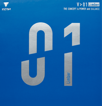 Victas V>01 Limber inverted table tennis rubber sheet showing black surface with red sponge layer and branding details.